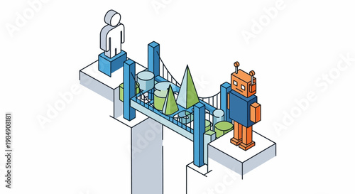 Isometric Illustration of a Human and Robot Connecting via a Bridge, Representing Artificial Intelligence, Human-Robot Collaboration, and Future Technology Trends