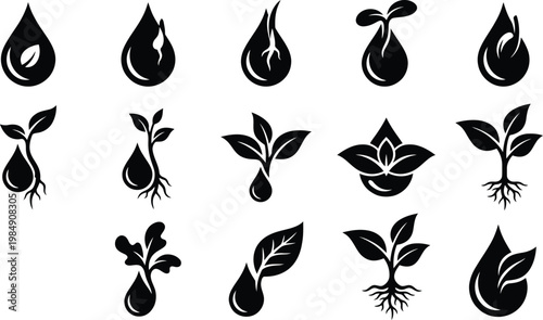 Eine Sammlung von Schwarz-Weiß-Symbolen, die Wassertropfen, Blätter, Sprossen und Wurzeln darstellen, die Wachstum und Natur symbolisieren.