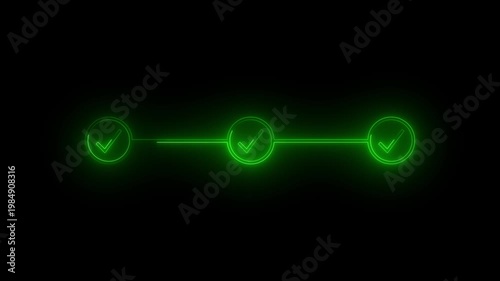 Neon Green Animated Checklist Process: Glowing Three-Step Progress Bar with Checkmark Icons on Black Background for Business Presentation, Project Milestone, Task Completion, and Digital UI UX Design