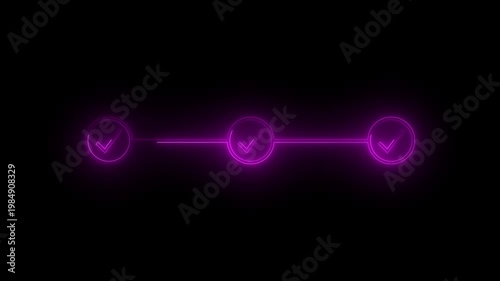 Neon Purple Animated Checklist Process: Glowing Three-Step Progress Bar with Checkmark Icons on Black Background for Business Presentation, Project Milestone, Task Completion, and Digital UI UX Design