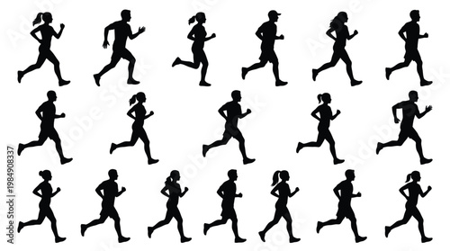 Set of silhouettes showing various people jogging and running in side view profile.