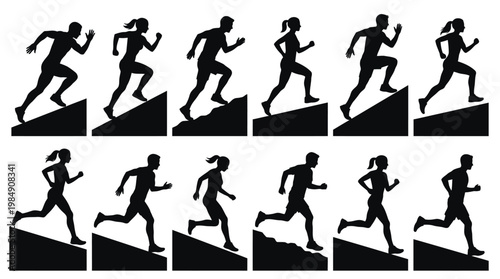 People running up and down slopes in silhouette for fitness and endurance training.