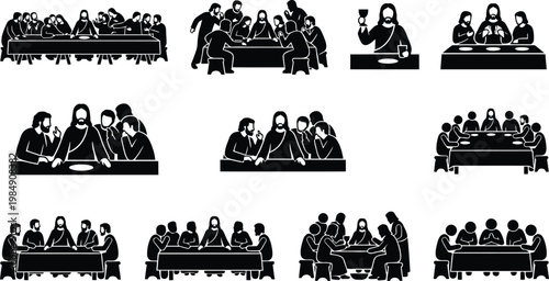 Verschiedene Silhouetten-Darstellungen des Letzten Abendmahls mit Jesus und seinen Jüngern an einem Tisch.