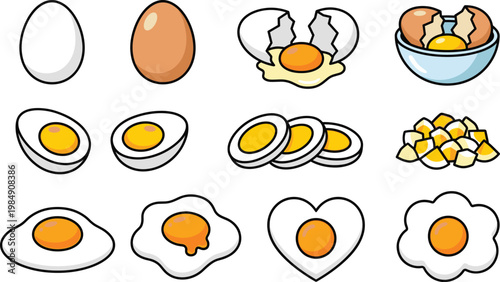 Egg Icon Collection with Whole, Boiled, Fried, Sliced, and Cracked Variations for Breakfast Food Design, Cooking Concepts, and Kitchen Illustration Graphics
