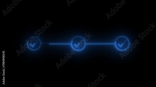 Neon Blue Animated Checklist Process: Glowing Three-Step Progress Bar with Checkmark Icons on Black Background for Business Presentation, Project Milestone, Task Completion, and Digital UI UX Design