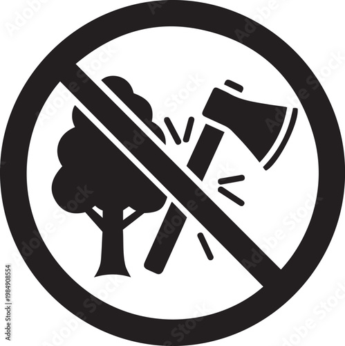 No deforestation symbol with axe and tree against transparent background