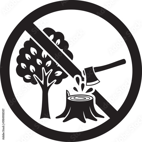 No Deforestation Symbol with Axe and Tree on Transparent Background