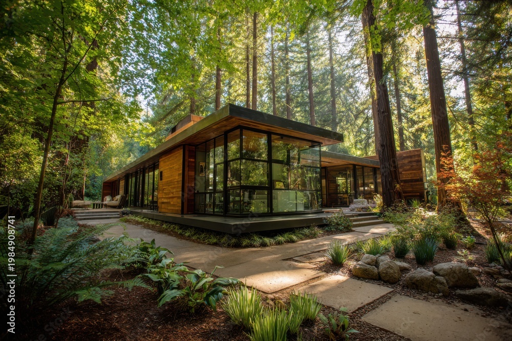 Obraz premium Modern building surrounded by tall trees and greenery in a forest setting during daylight hours, offering a view of nature and design