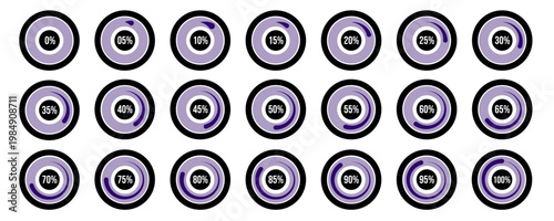Purple Circular Progress Bar Set Percentage Load Indicators 0 to 100