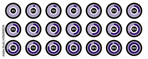 Set of Purple Circular Percentage Progress Indicators 0 to 100
