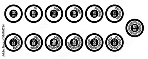 Black and White Timer Icon Set from 5 to 60 Minute Intervals