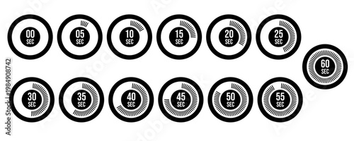 Digital Timer and Countdown Clock Icon Set 0 to 60 Seconds