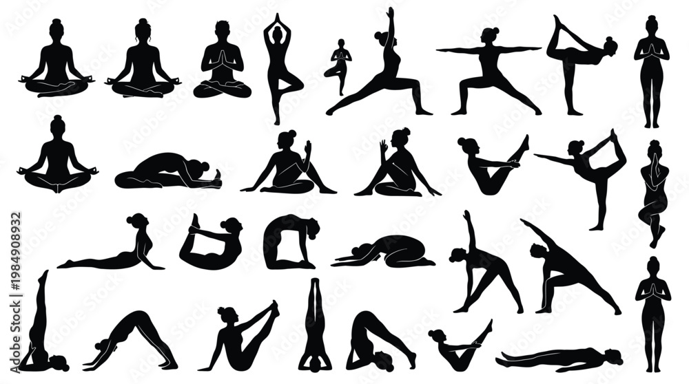 Obraz premium Comprehensive collection of yoga silhouettes showing different advanced fitness poses.