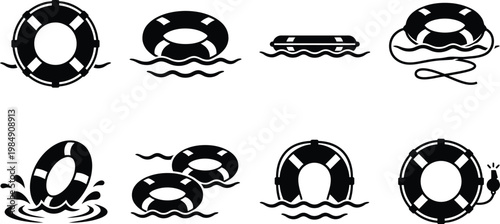 Detaillierte Silhouette Vektor Icon Sammlung von schwimmenden Rettungsringen im Wasser mit Seilen für maritime Sicherheit, schnelle Notfallrettung, Überleben auf See und modernes flaches Webdesign.