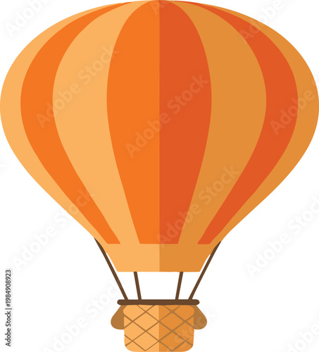 Hot air balloon vector illustration with orange striped design and basket isolated on white background for travel