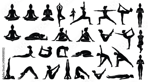 Comprehensive collection of yoga silhouettes showing different advanced fitness poses.