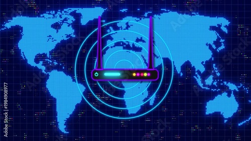Futuristic Digital Animation Of A Glowing Neon Wireless Router Icon Emitting Circular Signal Waves Over A Blue Pixelated World Map Background On A Technical Grid, Symbolizing Global Internet Connectiv