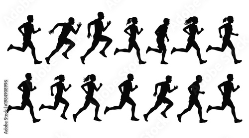 Running people silhouettes set, men and women in various poses, vector illustration.