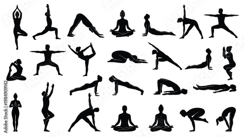 Yoga poses silhouettes, men and women in various positions, vector illustration.
