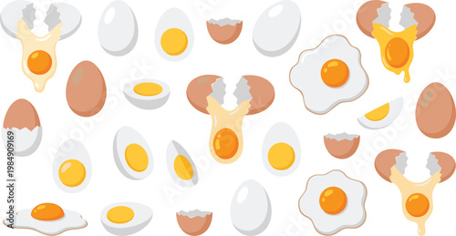 Egg Illustration Set with Whole, Cracked, Fried, and Yolk Variations for Breakfast Food Design, Cooking Concepts, Kitchen Graphics, and Protein Nutrition Visuals