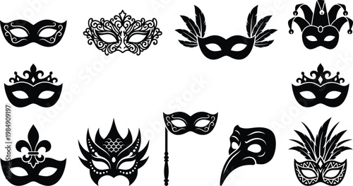 Sammlung von schwarzen Karnevalsmasken und venezianischen Masken in verschiedenen Stilen und Designs, ideal für Fasching und Maskenbälle.