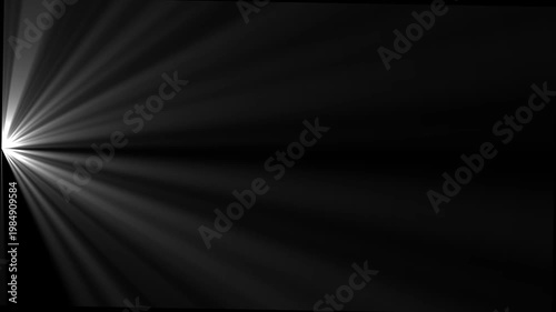 White Volumetric Light Rays from Side Animation: Cinematic Glowing Sunbeams and Optical Lens Flare on Black Background for Dramatic Intro, Spiritual Background, Stage Light, and Motion Graphics Loop
