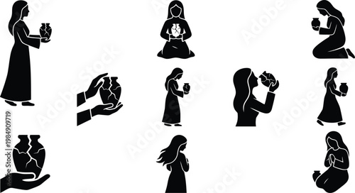 Silhouetten einer Frau, die einen zerbrochenen Topf hält, repariert und pflegt, symbolisiert Heilung und emotionale Zustände.