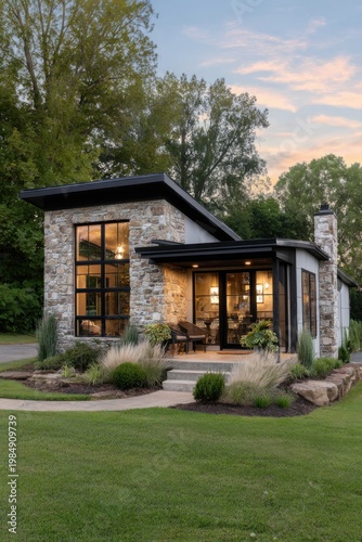 Modern stone house stands in a green area with trees and plants around during evening hours with warm light glowing from the windows