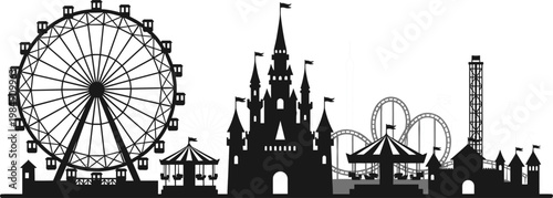 Detailed amusement park skyline silhouette vector with fairytale castle and Ferris wheel for travel and entertainment design