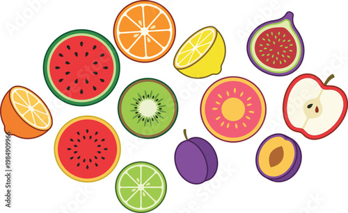Fruit Slice Icon Set with Watermelon, Orange, Lemon, Kiwi, Fig, Apple, Plum, and Citrus Cross Sections for Fresh Food Design and Healthy Nutrition Concepts