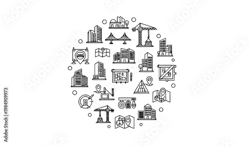 Minimal geometric urban planning and construction icons with civil engineering tools and infrastructure symbols