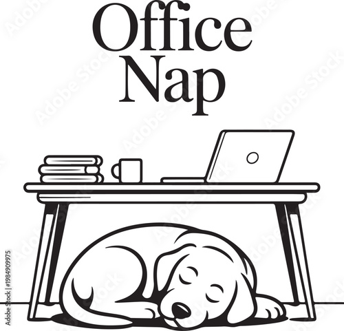 Dog sleeping under desk with laptop and books vector