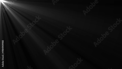 White Volumetric Light Rays from Corner Animation: Cinematic Glowing Sunbeams and Optical Lens Flare on Black Background for Dramatic Intro, Spiritual Background, Stage Light, and Motion Graphics