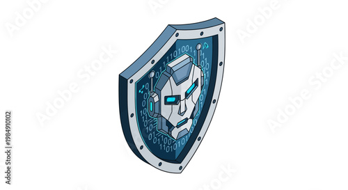 AI Cybersecurity Shield Illustration with Robot Head and Binary Code for Digital Protection and Data Privacy, Isometric Design on White Background