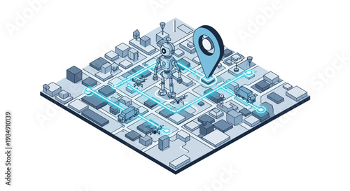 Isometric Smart City Logistics Illustration with AI Robot, Drones, and Automated Delivery Trucks on Interactive Map with GPS Location Pin and Data Paths
