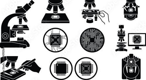 Detaillierte Sammlung von Schwarz-Weiß-Symbolen für wissenschaftliche Mikroskopie und technologische Mikrochips.