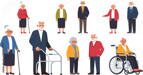 Diverse senior citizens character set with elderly people using walker and wheelchair in flat vector style for healthcare design