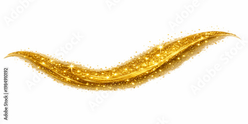 Abstract golden glitter wave trail with shimmering sparkles on white background