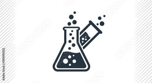 Minimalist vector icon of two laboratory glassware with liquid droplets