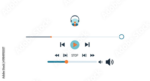 A flat design media player interface with controls including play pause and volume depicted as a silhouette high quality professional detailed
