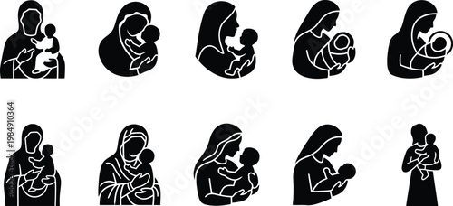 Eine Sammlung von zehn schwarzen Silhouetten, die Mütter mit ihren Babys in verschiedenen liebevollen Posen darstellen, symbolisierend Mutterschaft und Fürsorge.