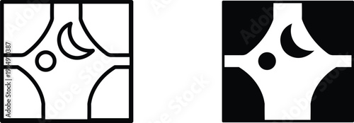 Minimalist celestial icons featuring moon and sun symbols, geometric night sky vector illustrations, abstract astronomical emblems in black and white