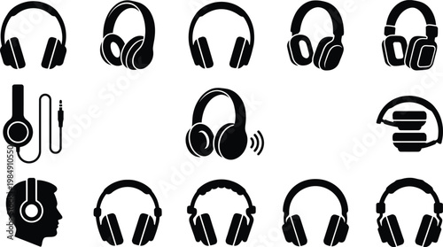 Sammlung von schwarzen Silhouetten verschiedener Kopfhörer und Headsets.