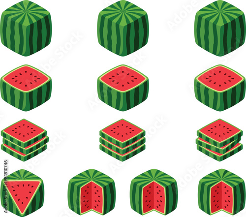 Watermelon Cube Icon Set with Whole, Cut, Sliced, and Stacked Variations for Fresh Fruit Design, Summer Food Concepts, and Creative 3D Style Illustrations