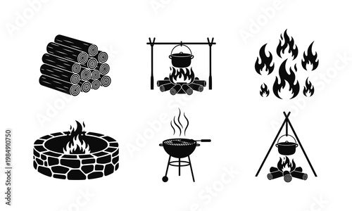 Illustrations of various traditional outdoor cooking and fire-making methods