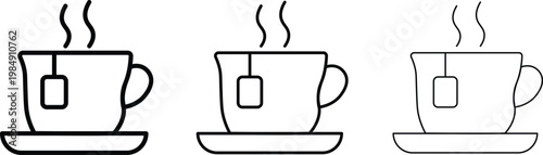 Minimalist tea cup line icons, hot beverage mug with tea bag and steam, set of three black outline vector illustrations with varying stroke weights