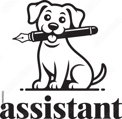 Playful cartoon dog holding fountain pen with word assistant