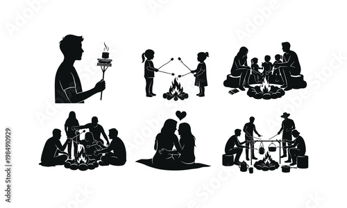 Scenes of outdoor gathering and bonding around campfires in nature