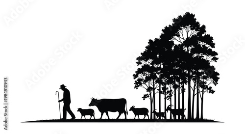 A pastoral scene depicts a shepherd leading livestock past trees rendered as a striking black silhouette high quality professional detailed modern