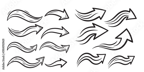 Set of speeding arrows with flowing lines and motion effect, hand drawn